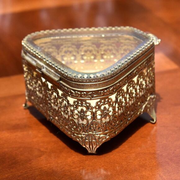 Vintage Ormolu Beveled Glass Filigree Footed Jewelry Box - Velvet Interior - Picture 2 of 8